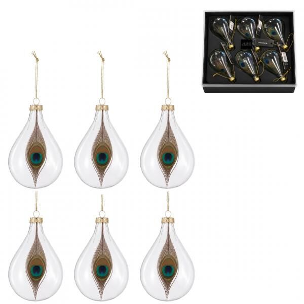 J-Line Weihnachtskugeln mit Pfauenfeder, 11 cm, 6 Stück