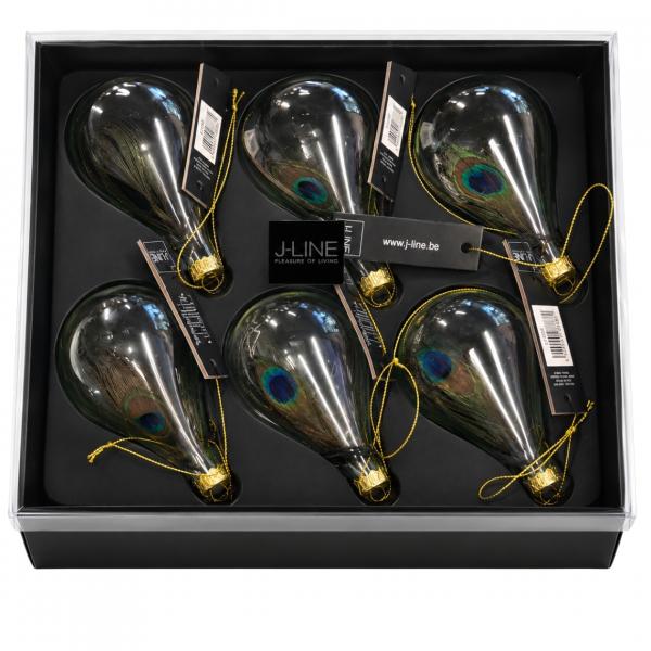 J-Line Weihnachtskugeln mit Pfauenfeder, 11 cm, 6 Stück