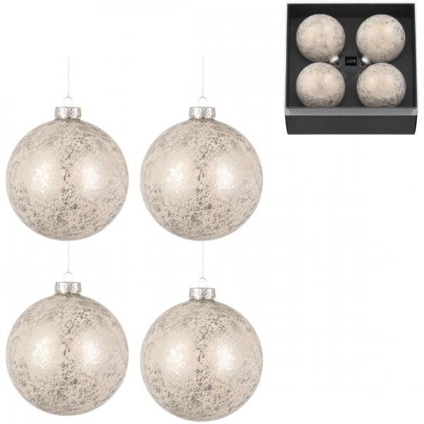 J-Line Weihnachtskugeln, weiß/silberfarben, 10 cm, 4 Stück