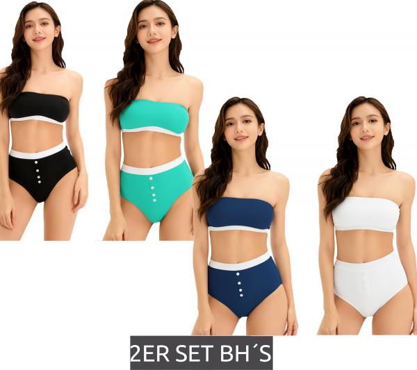 2er Set Damen Bandeau-BH tr&auml;gerloser BH aus Bio-Baumwolle ohne B&uuml;gel Schwarz/T&uuml;rkis oder Dunkelblau/Wei&szlig;