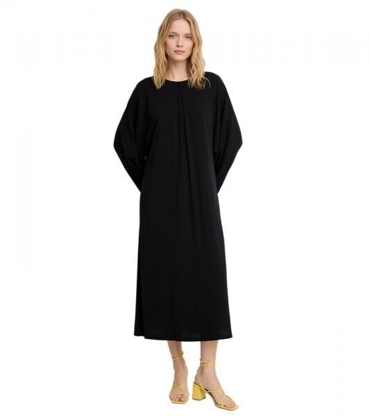 drapiertes Damen Midi-Kleid lang&auml;rmliges &Uuml;bergangs-Kleid Business-Kleid 961129 Schwarz