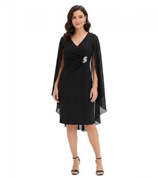figurbetontes Damen Mini-Kleid aus flie&szlig;endem Chiffon mit Zier-Brosche Abend-Kleid 960272 Schwarz