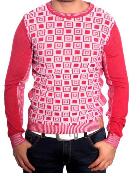 Modern Men's Knit Sweater, Checkered Pattern, Textured Knit, Crew Neck Sweater 3178 Red