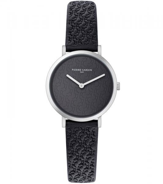 Pierre Cardin Damen Armband-Uhr mit Marken-K&uuml;rzel-Print analoge Quarz-Uhr mit Leder-Armband 3ATM 31mm CBV.1502 Schwarz/Silber