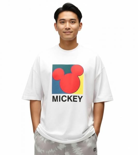 RE:COVERED X Disney Herren T-Shirt mit gro&szlig;em Mickey Mouse Print Baumwoll-Shirt Rundhals RCDIF2053 Wei&szlig;
