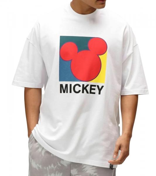RE:COVERED X Disney Herren T-Shirt mit gro&szlig;em Mickey Mouse Print Baumwoll-Shirt Rundhals RCDIF2053 Wei&szlig;