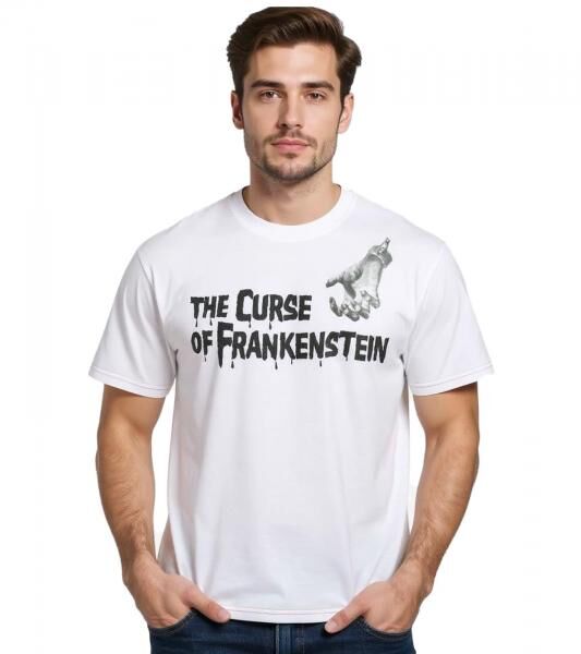 RE:COVERED X HAMMER Horror Herren T-Shirt Curse of Frankenstein Baumwoll-Shirt mit gro&szlig;em R&uuml;ckenprint Rundhals-Shirt RCSTC108 Wei&szlig;