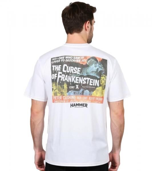 RE:COVERED X HAMMER Horror Herren T-Shirt Curse of Frankenstein Baumwoll-Shirt mit gro&szlig;em R&uuml;ckenprint Rundhals-Shirt RCSTC108 Wei&szlig;