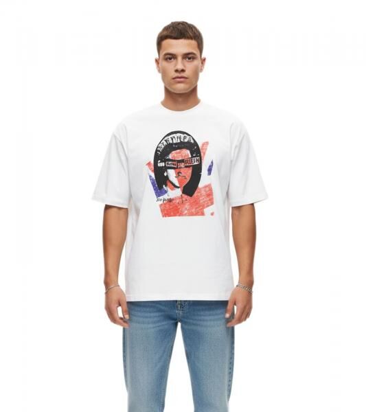 RE:COVERED X Sex Pistols Herren T-Shirt God Save the Queen Baumwoll-Shirt mit gro&szlig;em Print Rundhals-Shirt RCBVD3845 Wei&szlig;