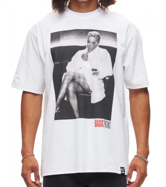 RE:COVERED X Studio Canal Herren T-Shirt BASIC INSTINCT Baumwoll-Shirt mit gro&szlig;em Print Rundhals-Shirt RCSTC113 Wei&szlig;