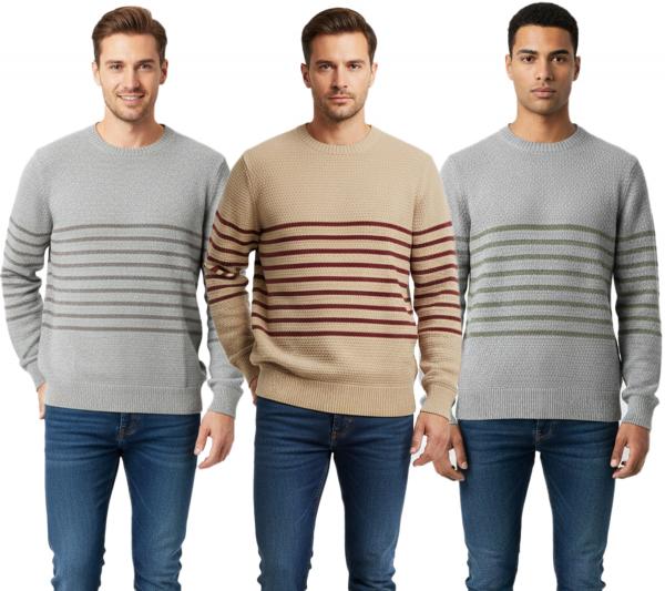 Stylischer ESPRIT Herren Strick-Pullover mit Streifen Rundhals-Sweater Baumwoll-Pullover in Grau/Dunkelgrau, Beige/Bordeaux oder Grau/Gr&uuml;n
