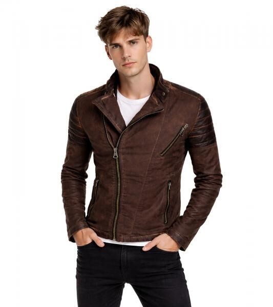 Trendige Herren Biker-Jacke Washed Look mit Kunstleder &Auml;rmeln Slim Fit &Uuml;bergangs-Jacke 8840 Braun