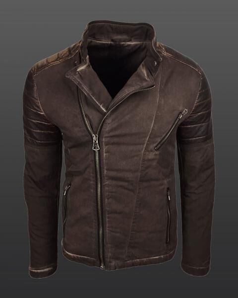 Trendige Herren Biker-Jacke Washed Look mit Kunstleder &Auml;rmeln Slim Fit &Uuml;bergangs-Jacke 8840 Braun