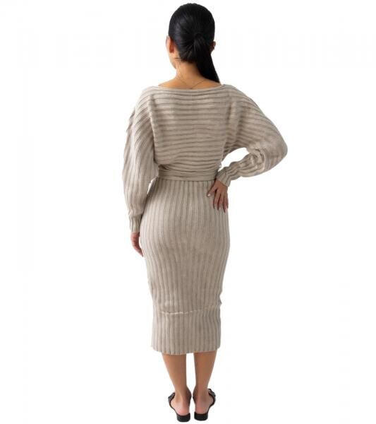weiches Damen Midi-Kleid Basic-Kleid im Strick-Stil mit Bindeband Langarm-Kleid 929118 Beige