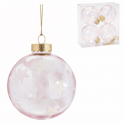 Weihnachtskugel mit Sternen, transparent-rosa, 4 Stück