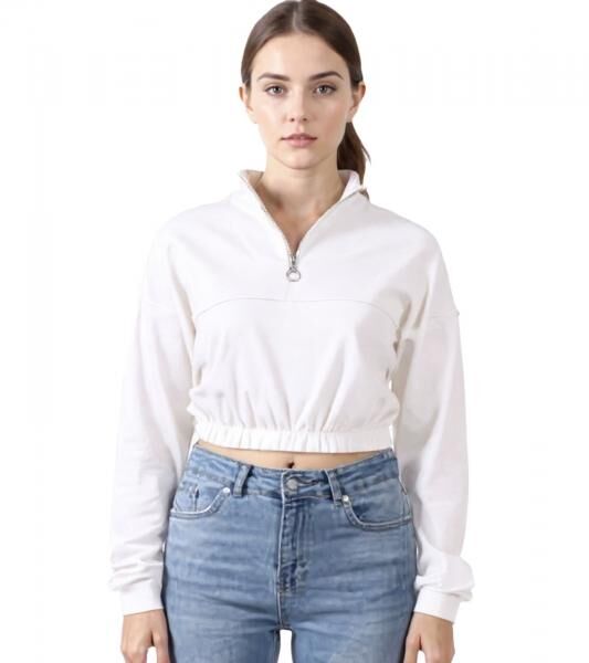 ZEGY Damen Crop-Pullover Half Zip Langarm-Shirt Baumwoll-Pulli Cropped 1073 Wei&szlig;