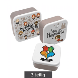 3-teiliges Harry Potter Brotdosen Set in den Größen S 300 ml, M 500 ml, L 800 ml mit Hogwarts Wappen & Figuren Grau 