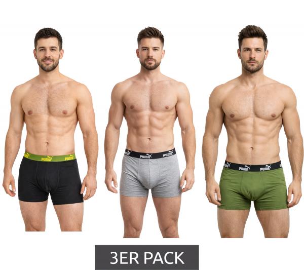3er Pack PUMA Basic Boxer Herren Boxer-Shorts Baumwoll-Unterhose Unterw&auml;sche 701218254 004 Grau/Gr&uuml;n/Schwarz