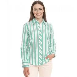 AjC Women's Blouse: Striped Long-Sleeve Cotton Shirt with Small Ruffles 36148235 Green/White
