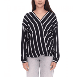 AjC Damen gestreifte Wickelbluse leichte Sommer-Bluse Freizeit-Bluse mit Knopfleiste 29937205 Schwarz/Weiß