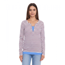 AjC Damen Langarm-Shirt mit Spitze figurbetontes Baumwoll-Shirt 12726709 Weiß/Blau/Rot