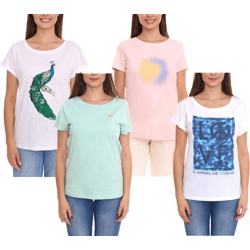AjC Damen T-Shirt mit verschiedenen Prints kurzärmliges Sommer-Shirt Baumwolle Mint, Rosa oder Weiß
