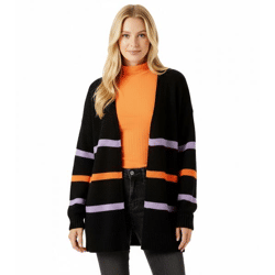 Aniston CASUAL Damen Strick-Jacke modischer Cardigan mit farbigen Streifen 95448519 Schwarz/Orange/Lila