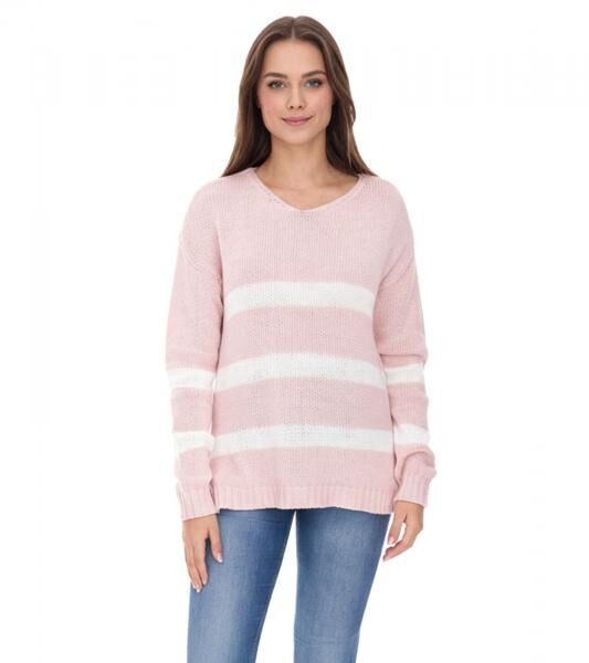 Aniston CASUAL Damen Strick-Pullover mit Baumwollanteil Alltags-Pullover Langarm-Shirt 74491342 Rosa/Wei&szlig;