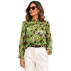 Aniston Damen Sommer-Bluse transparente Chiffon-Bluse mit Allover-Blüten-Print 13940242 Grün/Bunt