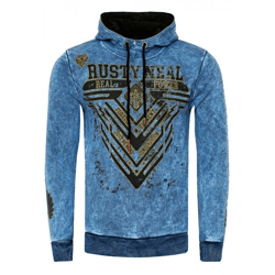 Auffälliger Herren Kapuzen-Pullover Oil-Washed Hoodie mit Grafik-Print Sweatshirt 19126 Sax-Blau