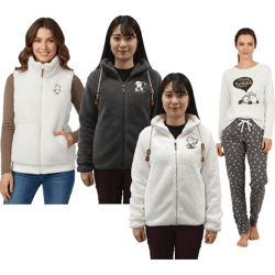Comfortable Sheepworld women's teddy fleece vest with embroidered design; cozy jacket or pajama set with brand motifs; white or gray