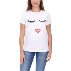 COURSE Damen T-Shirt mit Kussmund-Aufdruck Sommer-Shirt Baumwoll-Oberteil Freizeit-Shirt 900069 Weiß