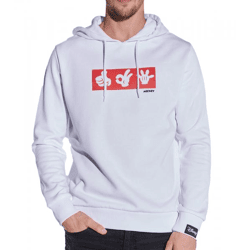 COURSE Mickey Mouse Herren Hoodie mit Mickey-Hand-Print und Patch Kapuzen-Pullover Baumwoll-Sweater 4845 Weiß