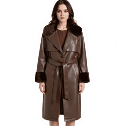 Damen Lederimitat-Mantel mit Teddyfell Kragen Kunstlammfell-Jacke Herbst-Mantel 914589 Braun