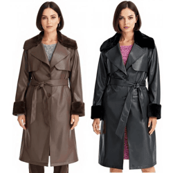 Damen Lederimitat-Mantel mit Teddyfell Kragen Kunstlammfell-Jacke Herbst-Mantel 914589 Braun oder 957801 Schwarz