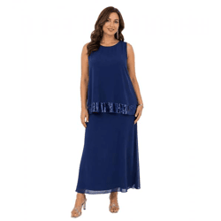 Women's Maxi Dress in Fine Georgette with Sequins, Sleeveless Evening Dress 975925 Dark Blue
