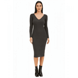 Damen Midi-Kleid mit Rippenstrick Langarm-Kleid schmales Strick-Kleid 933773 Grau
