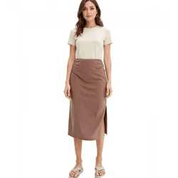 Damen Midi-Rock stylischer Sommer-Rock mit Raffung und Schlitz 938576 Braun