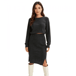 Damen Midi-Rock stylischer Strick-Rock mit Gummibund Große Größen 932509 Anthrazit melliert