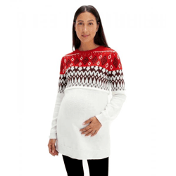 Damen Pullover kuscheliger Umstands-Pulli Schwangerschafts-Kleidung im Norweger-Design 920178 Rot/Beige/Weiß