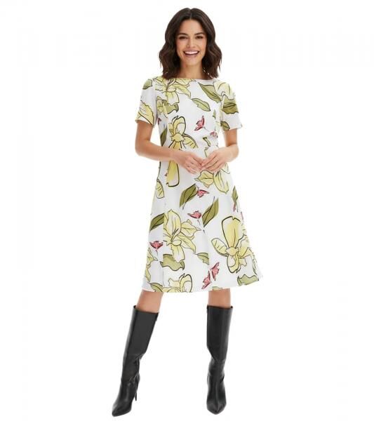Damen Sommer-Kleid mit Blumen-Print mit Rei&szlig;verschluss Kurzarm-Kleid 964446 Wei&szlig;/Gelb