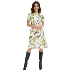 Damen Sommer-Kleid mit Blumen-Print mit Reißverschluss Kurzarm-Kleid 964446 Weiß/Gelb