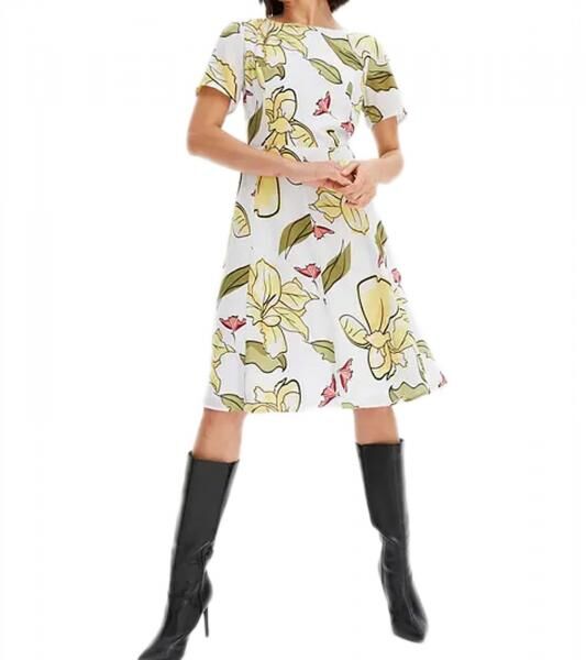 Damen Sommer-Kleid mit Blumen-Print mit Rei&szlig;verschluss Kurzarm-Kleid 964446 Wei&szlig;/Gelb