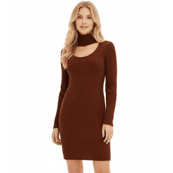 Damen Strick-Kleid Mini-Kleid mit Rollkragen und Ausschnittdetails Langarm-Kleid 979792 Mahagoni-Braun