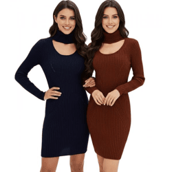 Damen Strick-Kleid Mini-Kleid mit Rollkragen und Ausschnittdetails Langarm-Kleid in Mahagoni-Braun oder Dunkel-Blau