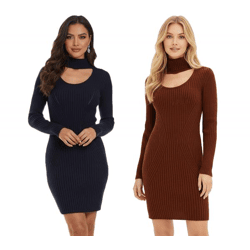 Damen Strick-Kleid Mini-Kleid mit Rollkragen und Ausschnittdetails Langarm-Kleid Mahagoni-Braun oder Dunkelblau