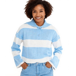 Damen Strick-Troyer mit Knöpfen gestreifter Strick-Pulli Große Größen 971190 Weiß/Hellblau 