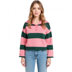 Damen Strick-Troyer mit Knöpfen gestreifter Strick-Pulli Große Größen 974173 Rosa/Grün