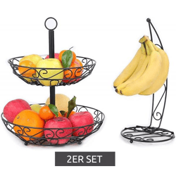 Decorative CUBESU Fruit Stand with Banana Holder, Set with Stainless Steel Fruit and Vegetable Basket, Black