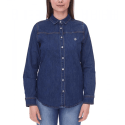 DELMAO Damen Jeans-Bluse Baumwoll-Hemd mit durchgehender Knopfleiste 53461803 Blau
